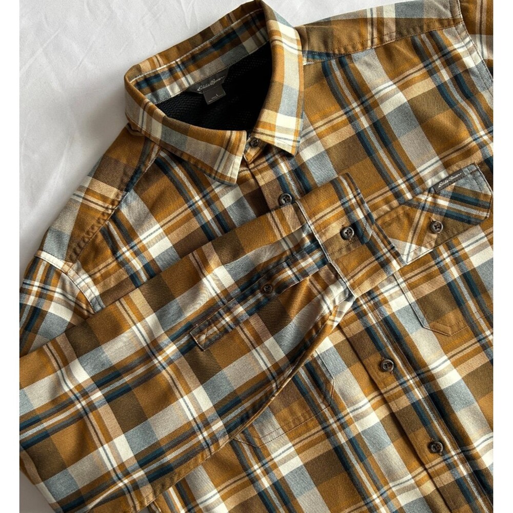Eddie Bauer Shirt Mens Large Brown Plaid Long Sleeve Button Up Mesh Lined EC +🎁